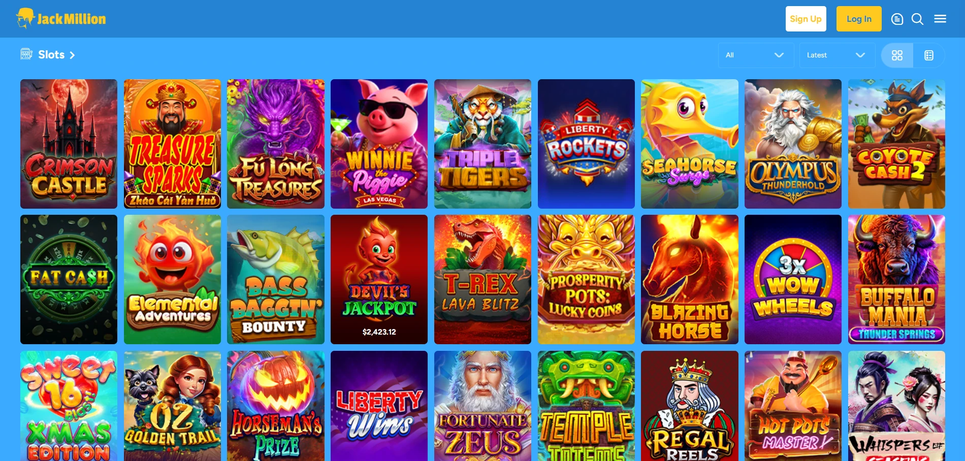 JackMillion games lobby with rows of game thumbnails