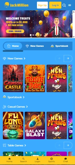 JackMillion lobby open in a phone browser